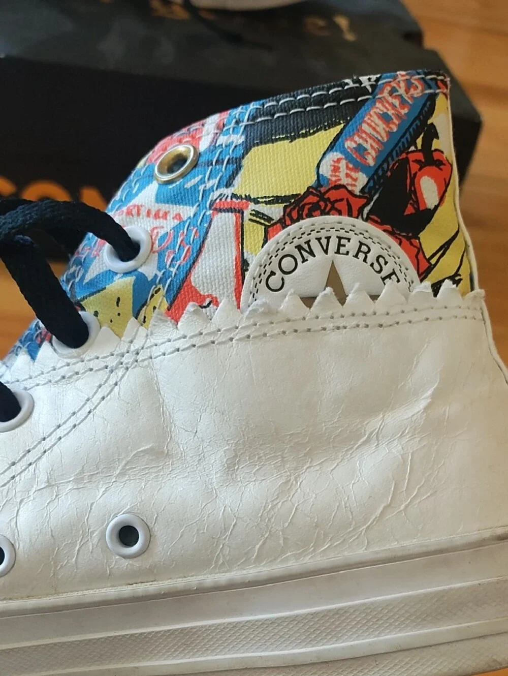 Converse White High Top Sneakers with Multicolor Graphic Collar and Black Laces - Picture 3 of 8